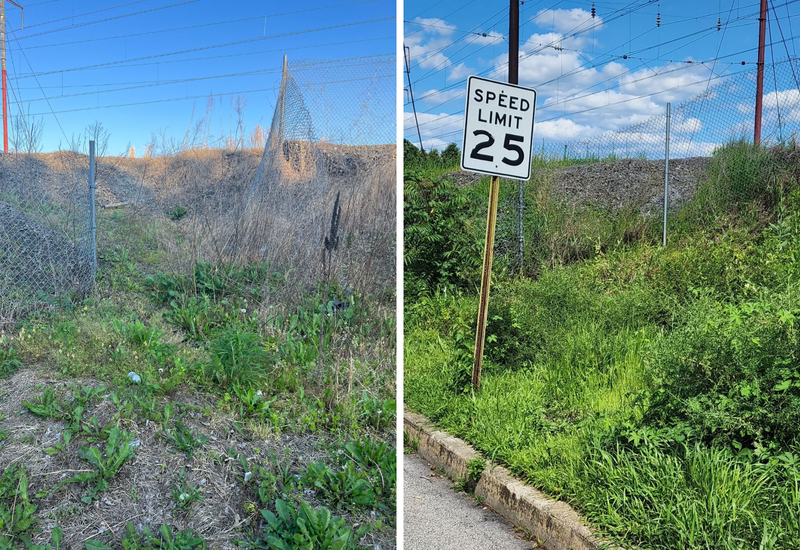 Photos provided by attorney Emeka Igwe show the opening in the fence (left), which leads to Amtrak train tracks, and the repaired fence (right). Igwe says the hole was fixed after the lawsuit was filed.
