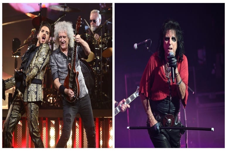 (Left) Adam Lambert, Brian May and Roger Taylor of Queen, Alice Cooper (Right)
