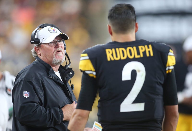Pittsburgh Steelers offensive coordinator Randy Fichtner (left) talks with quarterback Mason Rudolph (2) on the sidelines against the Kansas City Chiefs during the second quarter at Heinz Field.