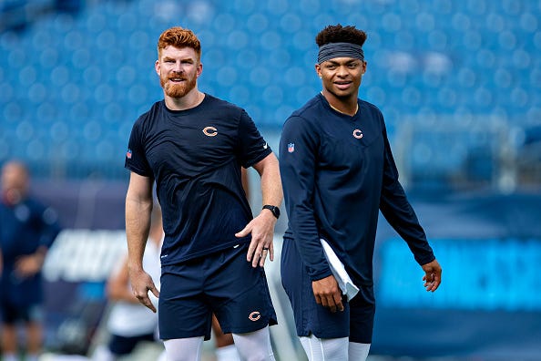 Andy Dalton and Justin Fields before a Bears preseason game.