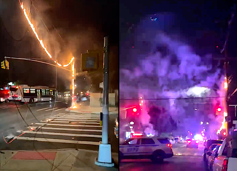 Video shows the flaming pole and electrical wires sending smoke into the intersection Sunday night