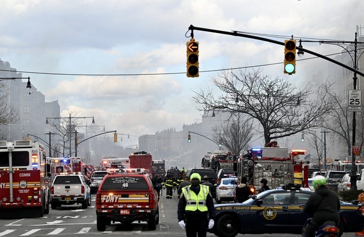 Firefighters deployed after at least five people were injured in a massive fire that engulfed a supermarket in the Bronx on March 5, 2023.