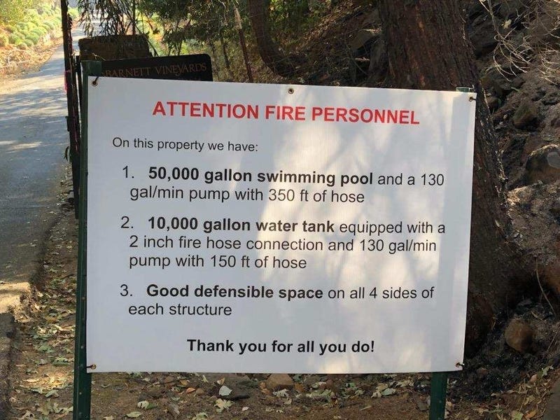 A sign detailing fire prevention measures at Barnett Vineyards, posted one month before the Glass Fire struck