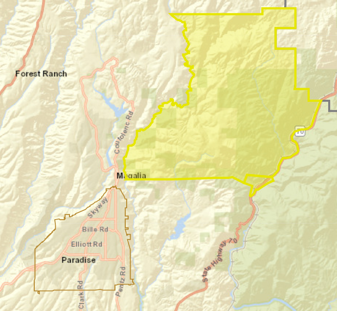 The Dixie Fire evacuation in zone, highlighted in yellow, in relation to the town of Paradise.