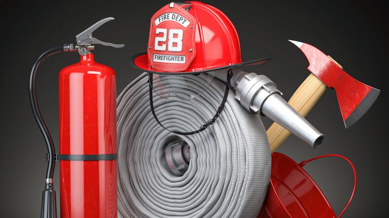 Fire tools used by fire fighters, such as an axe, hat and hose