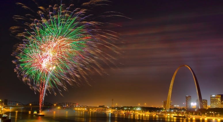 fireworks on Mississippi River in St. Louis near Gateway Arch