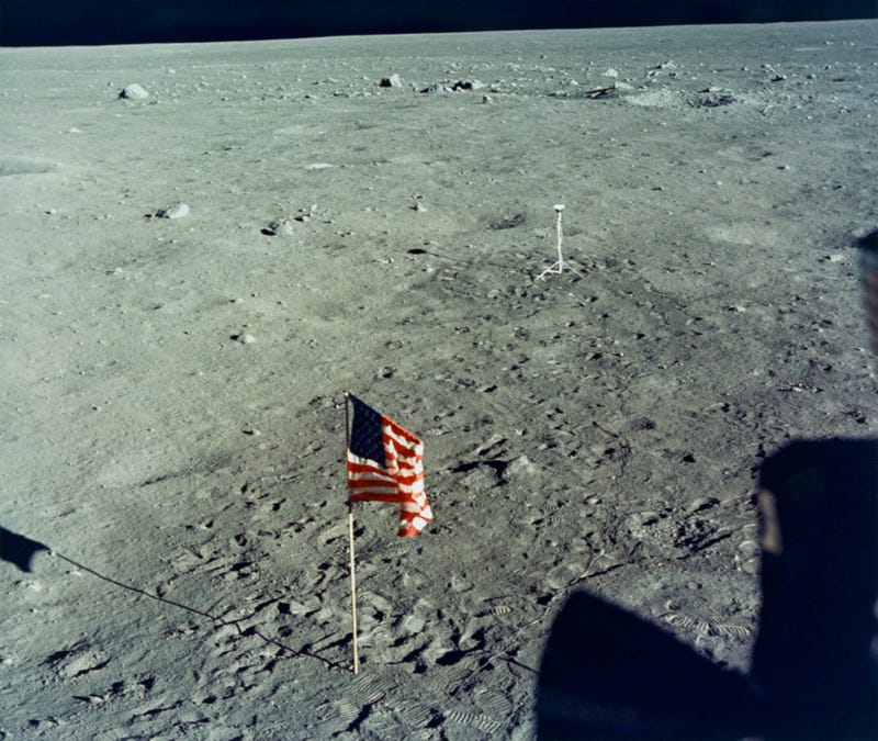 The United States flag is planted on the surface of the Moon