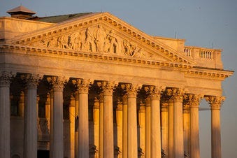 The Senate side of the U.S. Capitol at sunrise on Monday, Jan. 20, 2020, in Washington. The impeachment trial of President Donald Trump will resume in the U.S. Senate on Tuesday. (AP Photo/Jon Elswick)