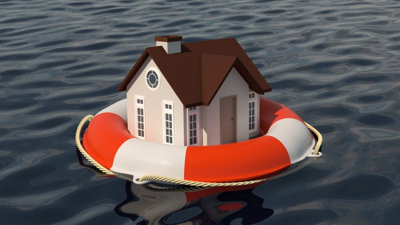 House and lifebuoy on water surface