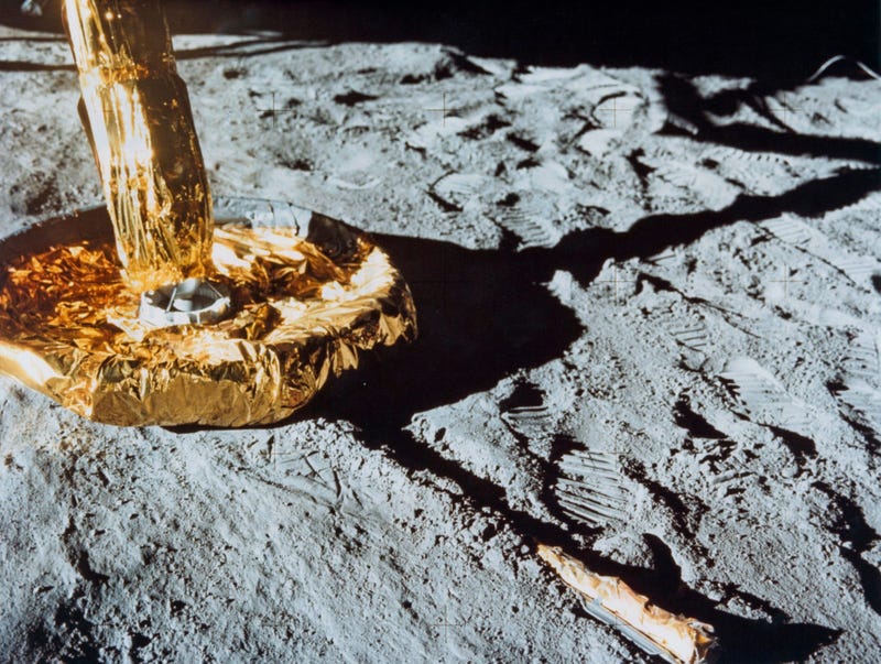 The footpad of the Apollo 11 Lunar Module the 'Eagle' rests on the surface of the Moon.