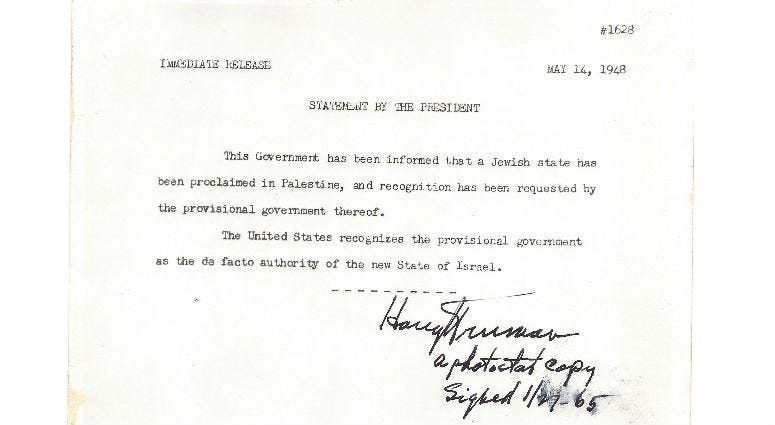 The original exhibition copy of America's recognition of the state of Israel is on sale by the Raab Collection in Ardmore.
