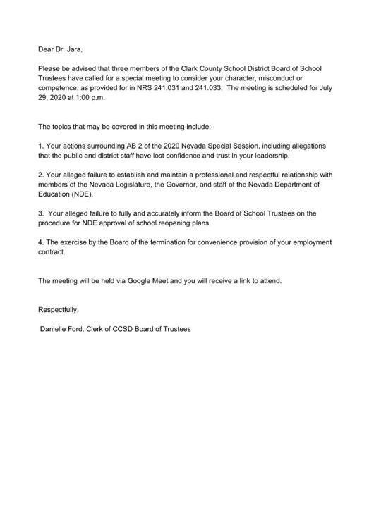 Letter sent to Superintendent Jesus Jara by CCSD Board Of Trustees on 7-22-20