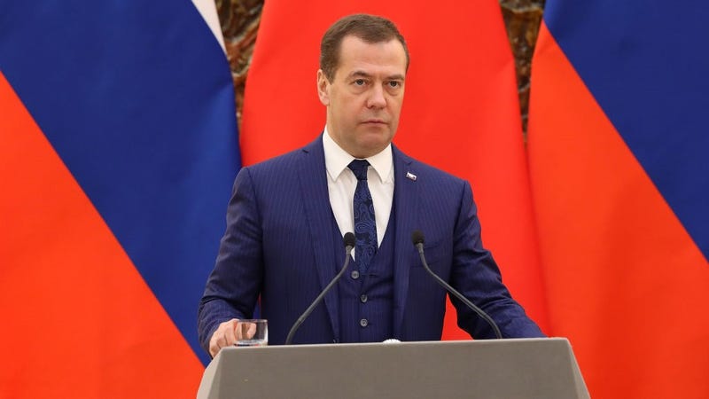 Russian Prime Minister Dmitry Medvedev (L) attends a joint press conference with Chinese Premier Li Keqiang (not pictured) at The Great Hall Of The People on November 7, 2018 in Beijing, China. 