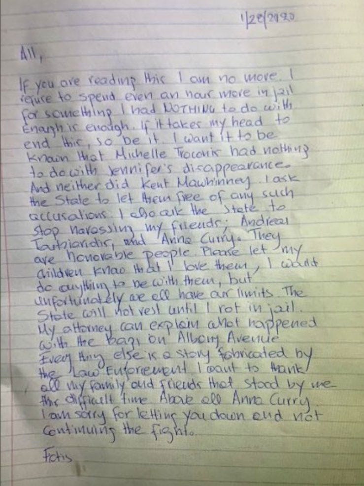 Fotis Dulos suicide note