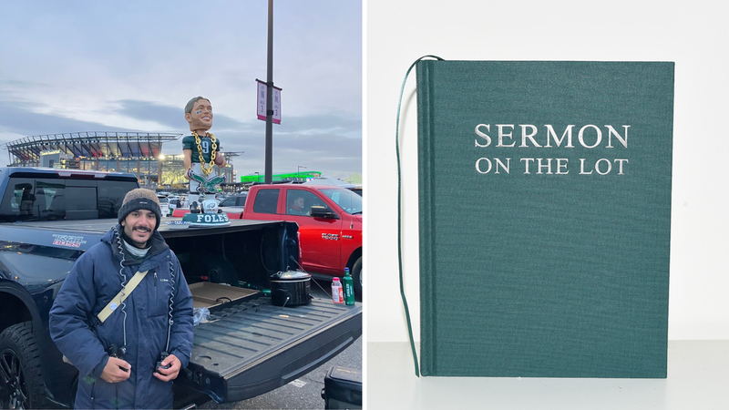  Mike Cordisco (left) and his new book, "Sermon on the Lot" (right)