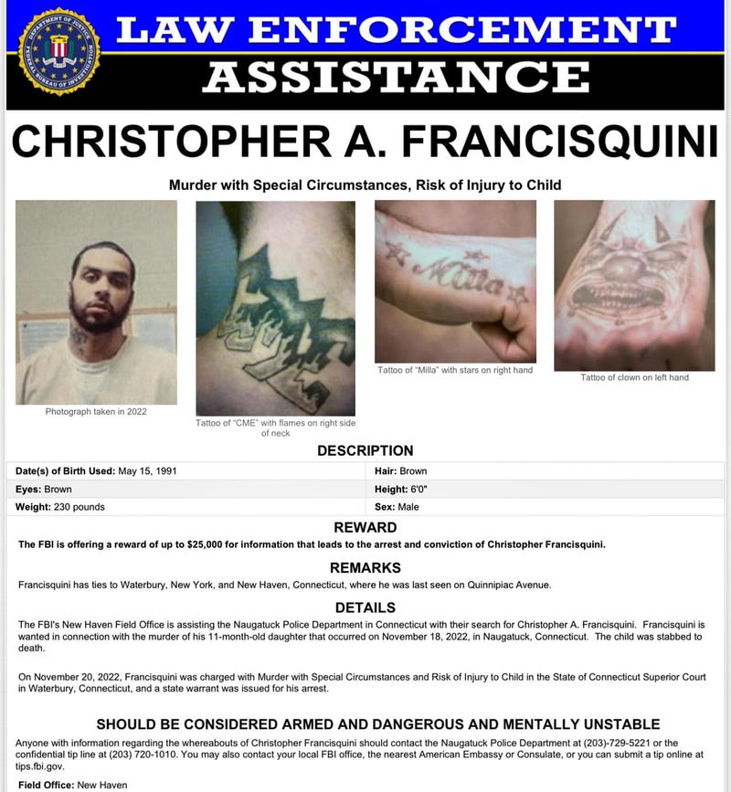 FBI wanted poster for Christopher Francisquini of Naugatuck