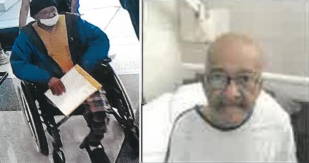 two photos of elderly bald man in wheelchair