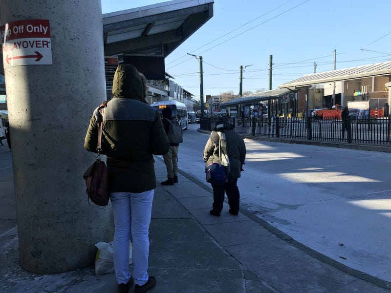 Passengers wait in the cold at the Frankford Transportation Center.