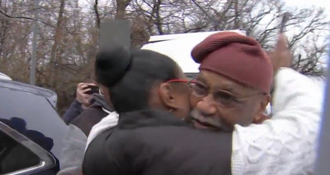 William Franklin is greeted by a family member following his release from Curran-Fromhold Correctional Facility in Holmesburg.