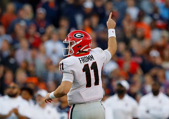 Georgia QB Jake Fromm celebrates a TD pass. 
