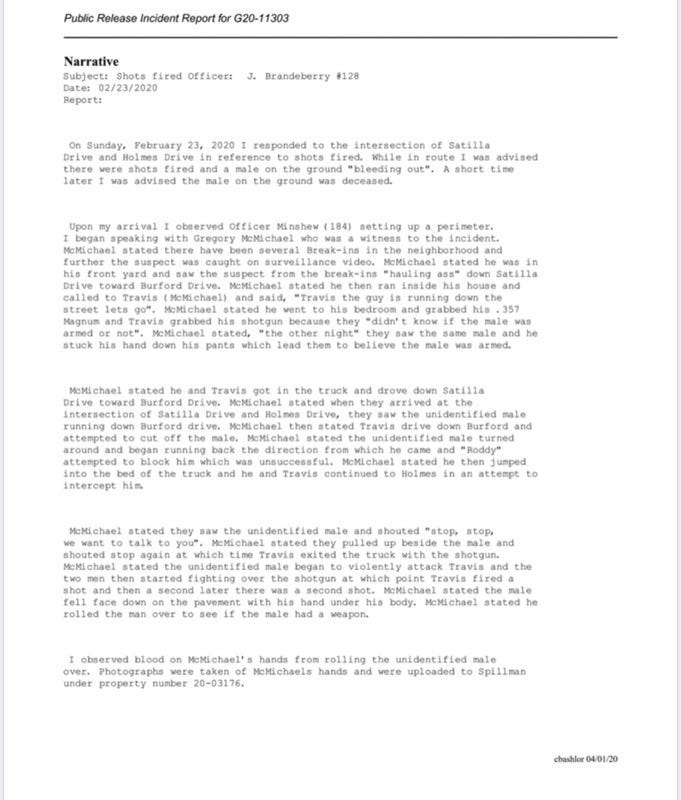 The police report details what Glynn County police say was told to them following the shooting
