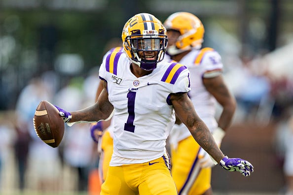 LSU CB Kristian Fulton celebrates an interception against Mississippi State. 