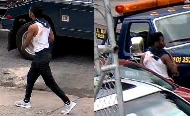 Surveillance photos of a man in a white t-shirt with an apparent red stain and black jeans.