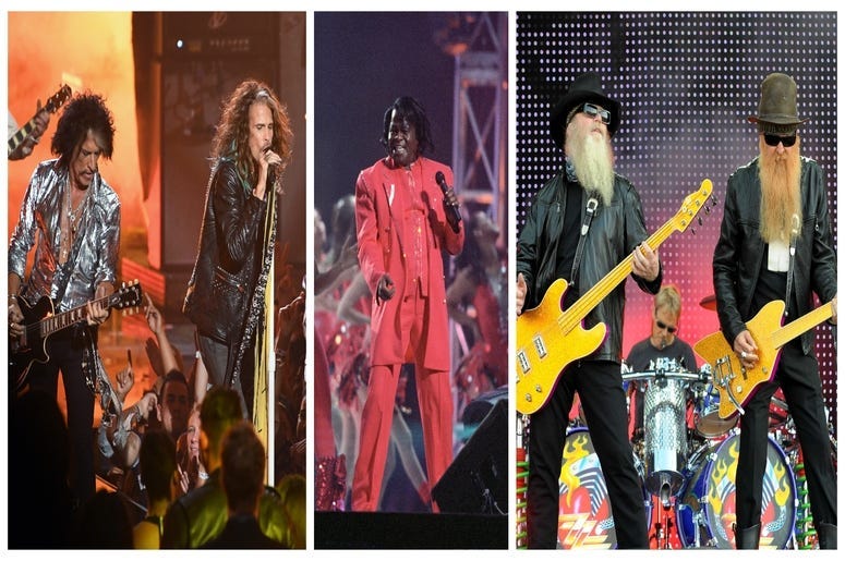 (Left) Joe Perry and Steven Tyler from Aerosmith, James Brown (Center),ZZ Top (Right)