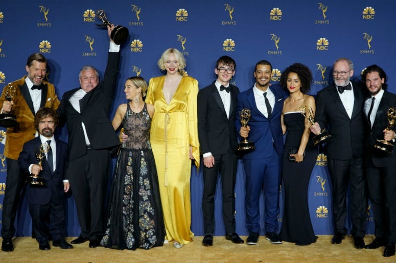 Cast members of "Game of Thrones" pose for a photo after winning the award of outstanding drama series during the 70th Primetime Emmy Awards in Los Angeles