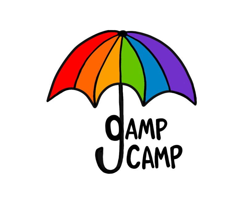 Rainbow umbrella with the words "gamp camp"