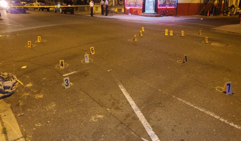 dozens of evidence markers in the street following a gang-related shooting