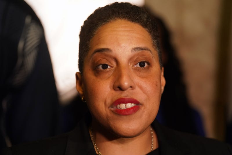 close up of kim gardner speaking