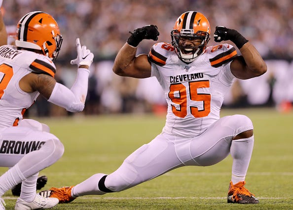 Browns DE Myles Garrett celebrates a sack. 