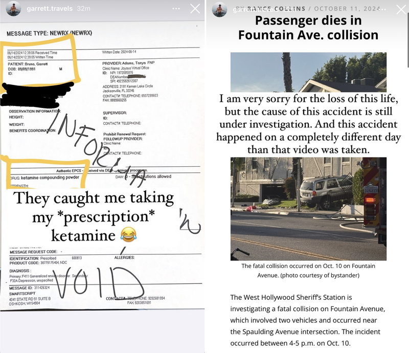 two screenshots of instagram stories showing a ketamine prescription and article about the crash