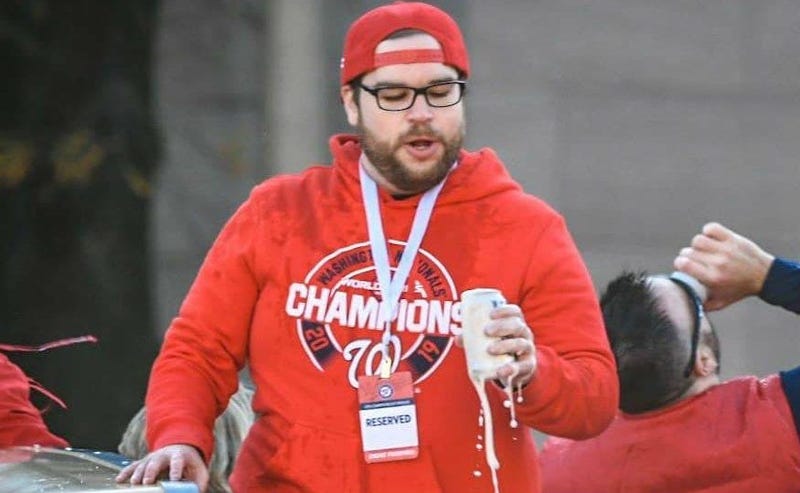 Grant Paulsen and Danny Rouhier of the "Grant & Danny Show" take part in the Washington Nationals victory parade in Washington, D.C. on Saturday, November 1.