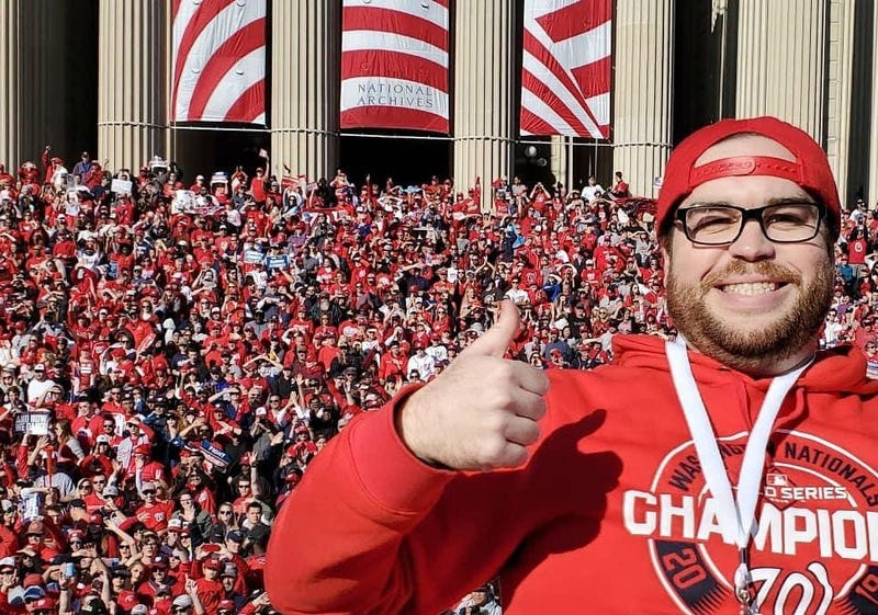 Grant Paulsen and Danny Rouhier of the "Grant & Danny Show" take part in the Washington Nationals victory parade in Washington, D.C. on Saturday, November 1.