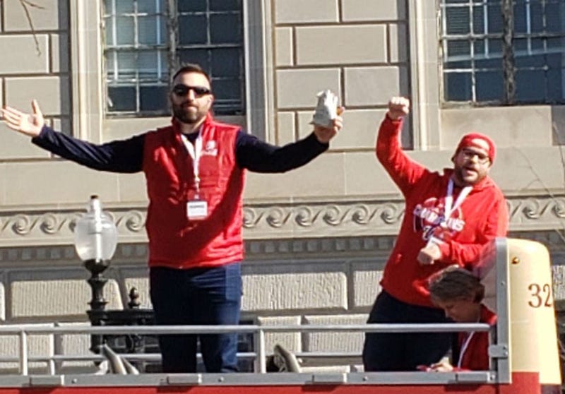 Grant Paulsen and Danny Rouhier of the "Grant & Danny Show" take part in the Washington Nationals victory parade in Washington, D.C. on Saturday, November 1.