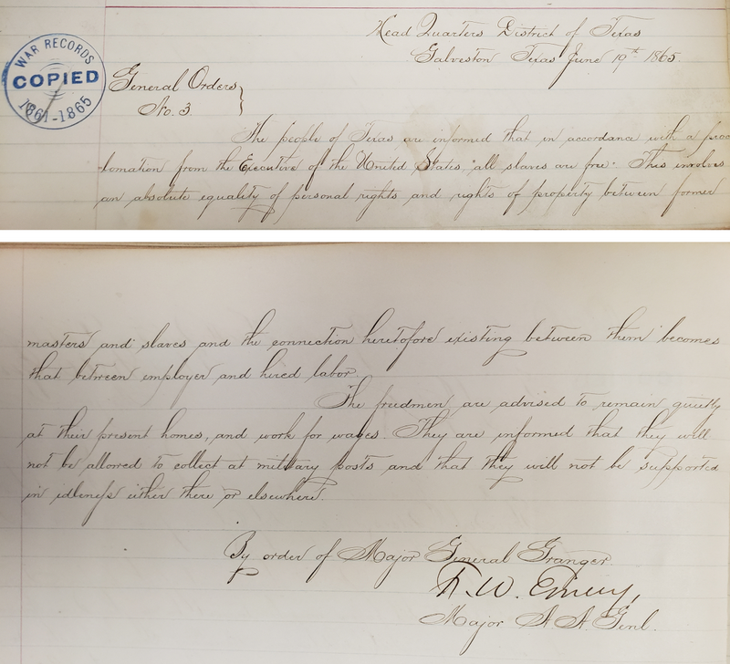 General Order No. 3 given on June 19th, 1865