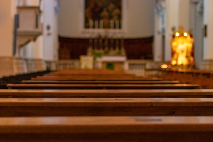 Church benches in the Catholic Church.