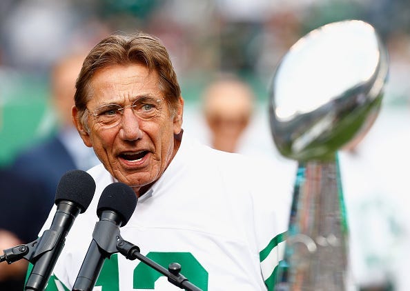 Joe Namath speaks during a Super Bowl III 50th Anniversary celebration during halftime of the game between the New York Jets and the Indianapolis Colts at MetLife Stadium on October 14, 2018 in East Rutherford, New Jersey.