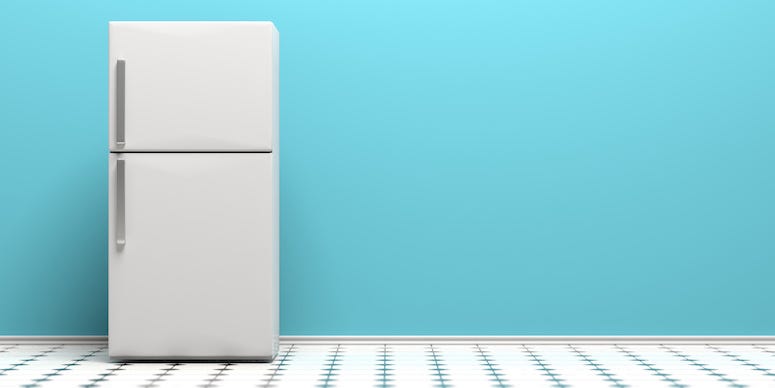 Refrigerator, Fridge, Tiled Floor, Blue Background