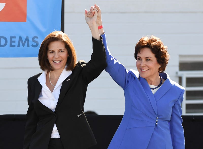  U.S. Sen. Catherine Cortez Masto (D-NV) (L) introduces U.S. Rep. and U.S. Senate candidate Jacky Rosen (D-NV) during a rally at the Culinary Workers Union Hall Local 226 featuring former U.S. Vice President Joe Biden on October 20, 2018