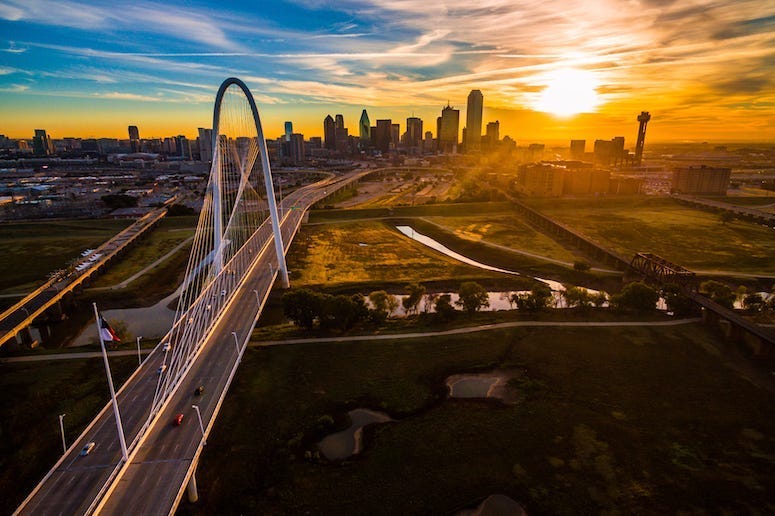 Dallas, Texas, Skyline, Sunset, Aerial, Drone