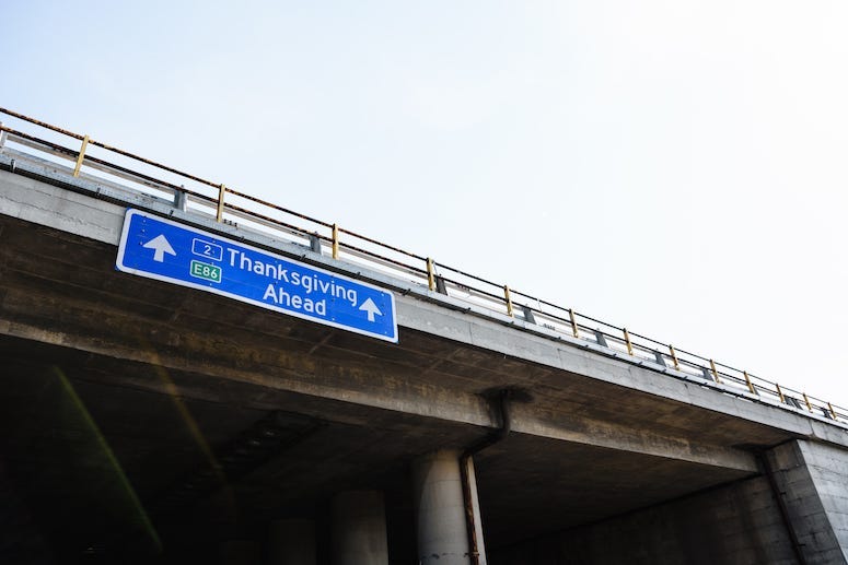 Thanksgiving Ahead, Blue Road Sign, Highway, Bridge