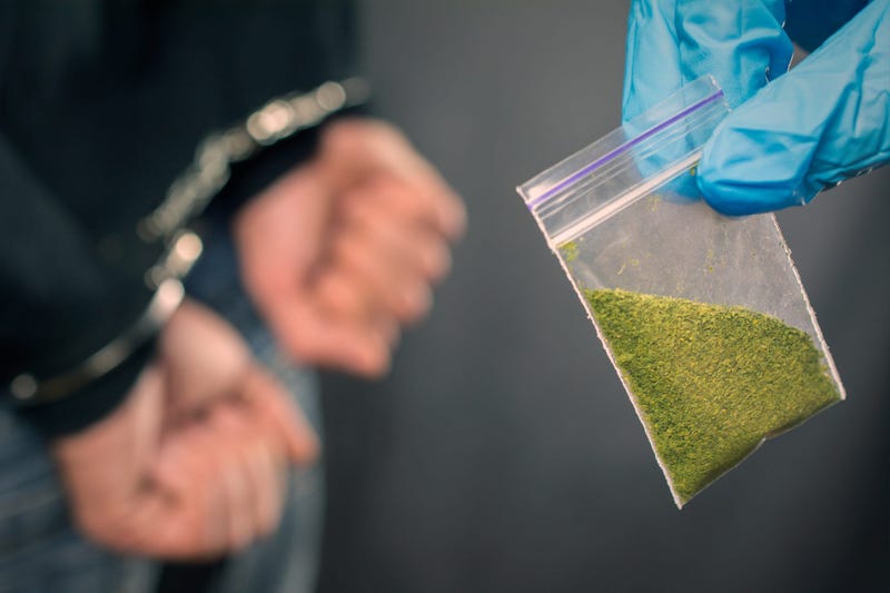 Suspect in handcuffs while investigator holds small bag with possible marijuana in it