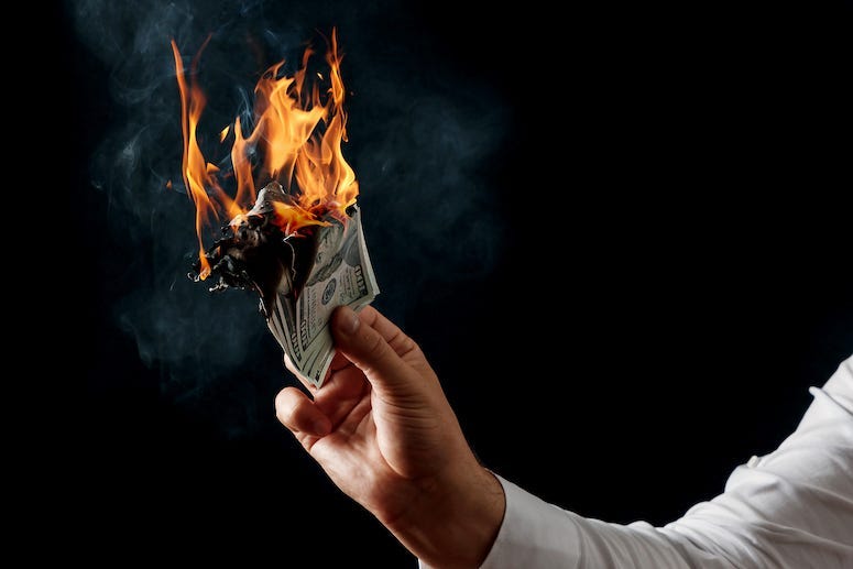 Dollar, Cash, Burning, Fire, Man