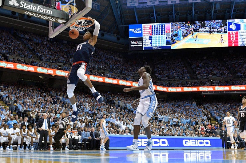 Rui Hachimura dunks on the Carolina Tar Heels during a game at the Dean Smith Center on December 15, 2018
