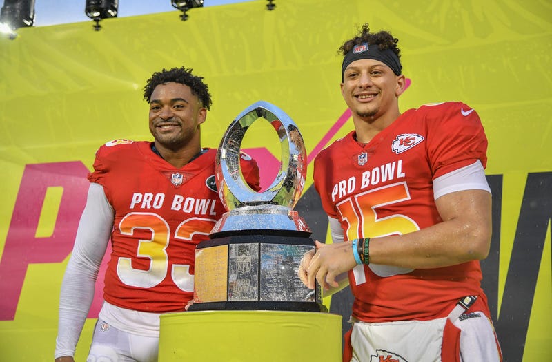 Jamal Adams #33 of the New York Jets and Patrick Mahomes #15 of the Kansas City Chiefs are names Co-MVP's after the 2019 NFL Pro Bowl at Camping World Stadium on January 27, 2019 in Orlando, Florida.