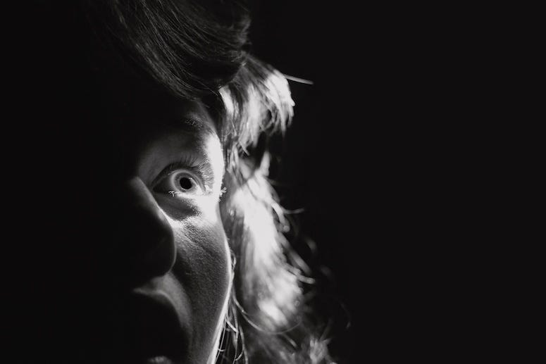 Black and White Portrait, Scared Woman