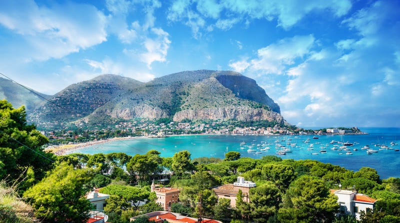 View of the gulf of Mondello and Monte Pellegrino, Palermo, Sicily island, Italy